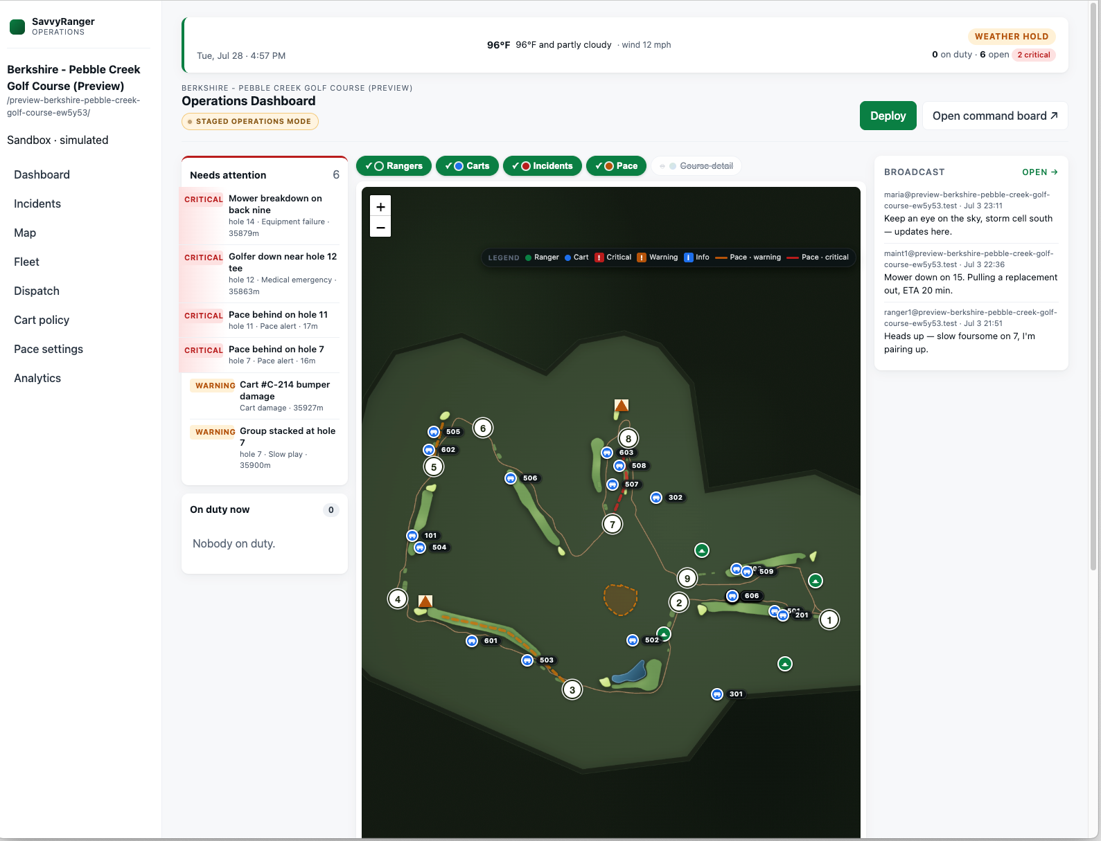 SavvyRanger Operations Dashboard — incidents, dispatch, and staff overview