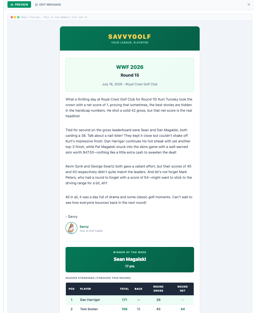 AI Recap — Savvy-generated round narrative