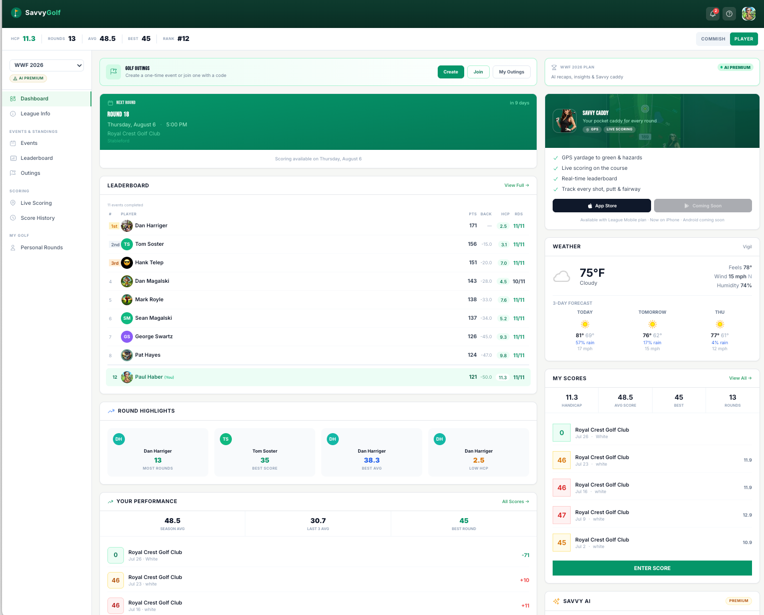 Player dashboard — leaderboard, round highlights, personal performance